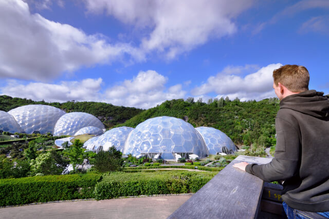 View of the two biomes in the Eden Project near St Austell in Cornwall.