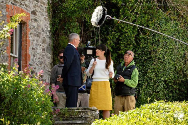Filming outside Doc Martin's Surgery.