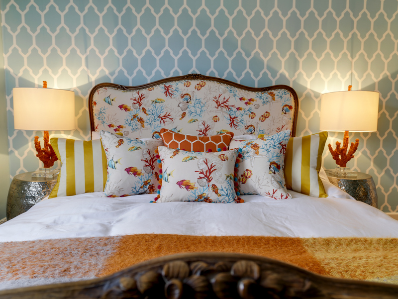 Dazzling seaside colours in the master bedroom at Hillside Cottage in Port Isaac