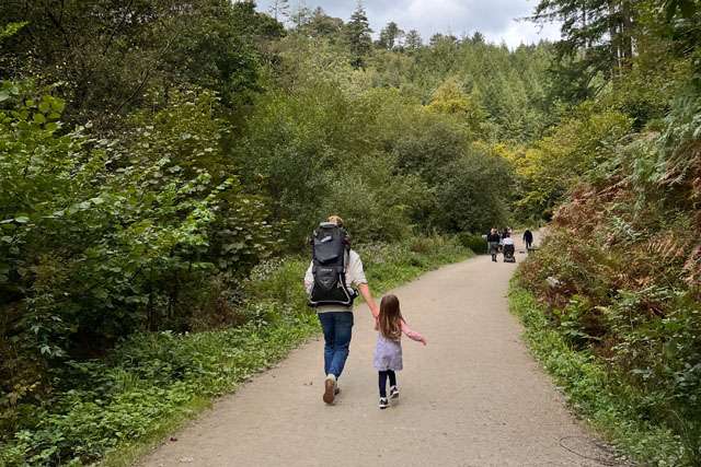 Father and daughter walking along track in woodlands